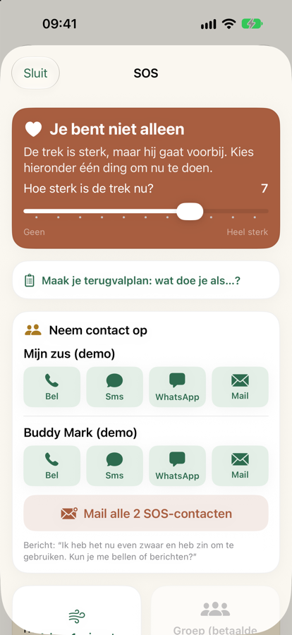 Het SOS-scherm met contactpersonen, je terugvalplan, een ademhalingsoefening en meetings